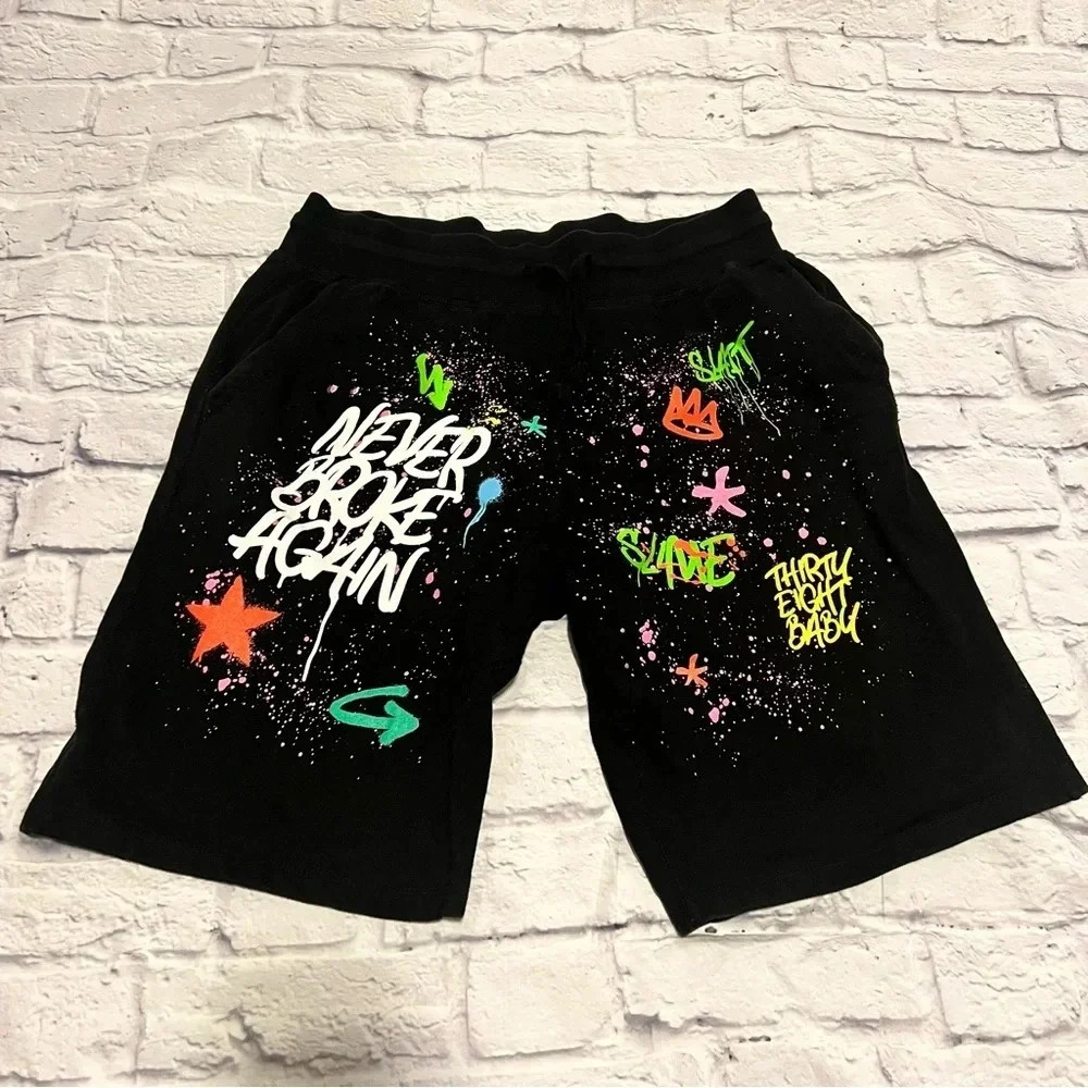 Never Broke‎ Again Graphic Print Sweat Shorts Casual Black